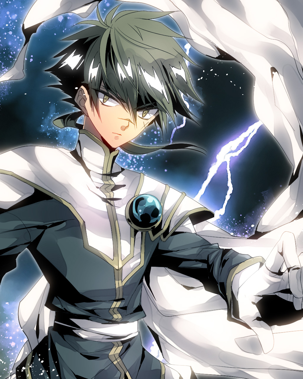 blue_background, cape, expressionless, ferio_(rayearth), green_hair, hanei, highres, magic_knight_rayearth