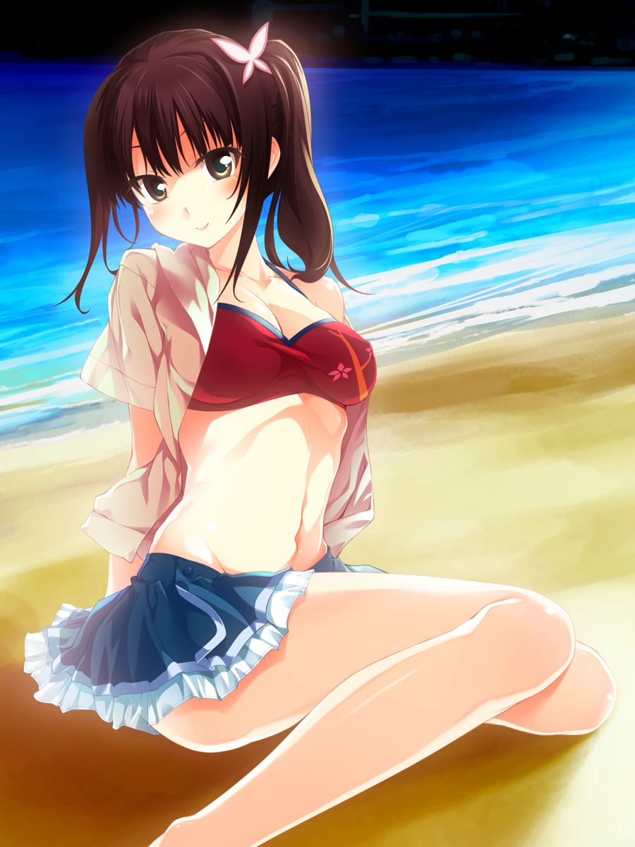 alternate_hairstyle, beach, bikini, blush, breasts, brown_eyes, brown_hair, hair_ornament