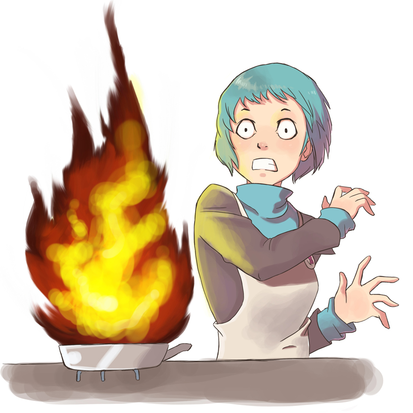 apron, aqua_hair, clenched_teeth, cooking, failure, fire, frying_pan, luisa_rafidi