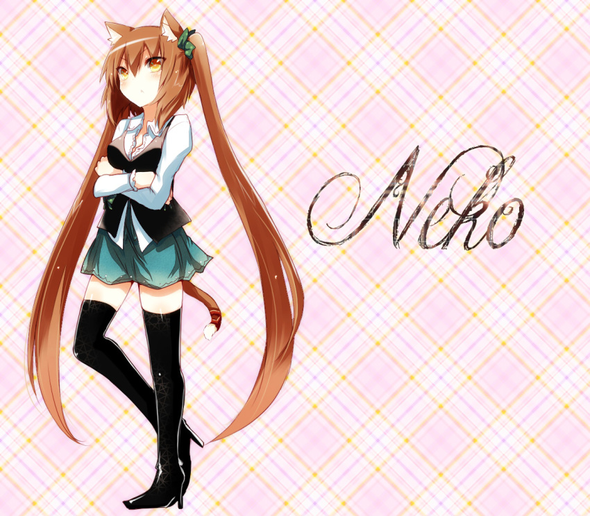 animal_ears, black_legwear, breasts, cat_ears, cat_tail, hreasts, long_hair, naomi_(sekai_no_hate_no_kissaten), neko_(naomi), original, plaid, plaid_background, pleated_skirt, skirt, tail, thigh-highs, thighhighs, twintails, zettai_ryouiki