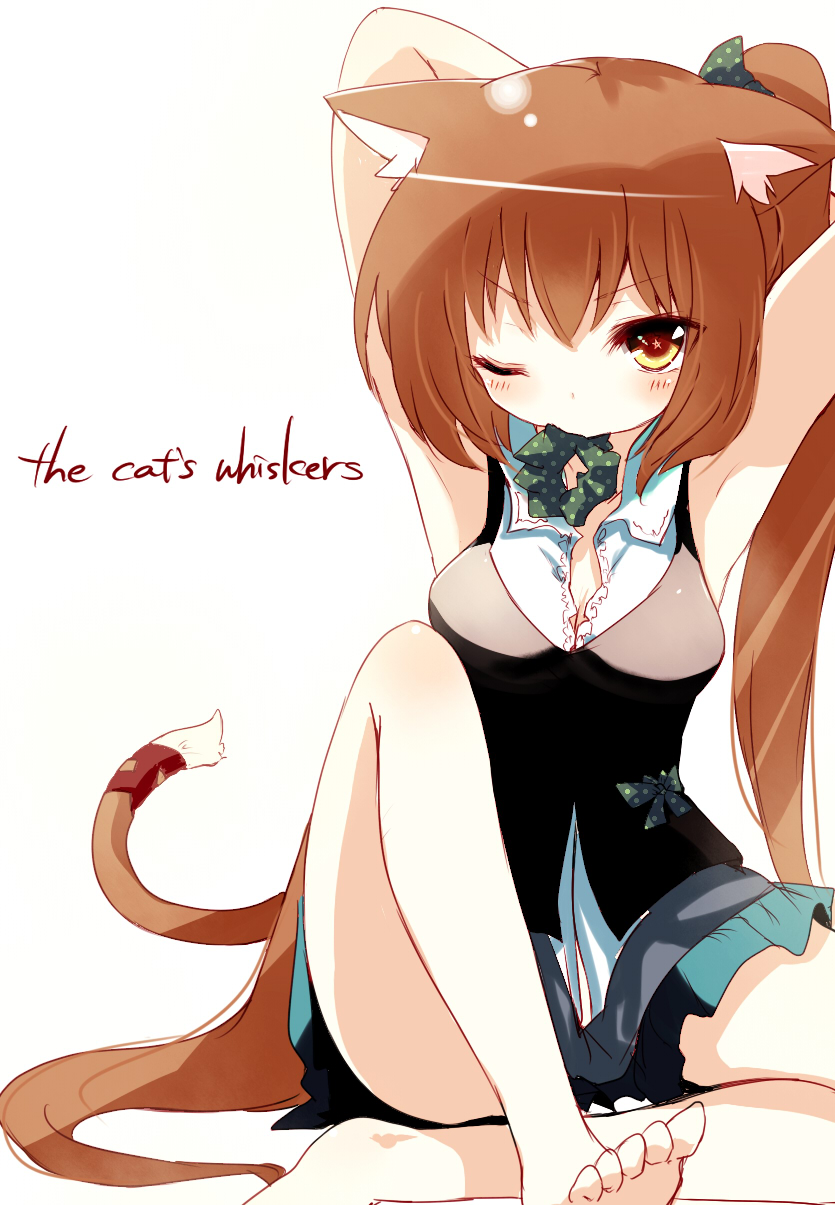 adjusting_hair, animal_ears, armpits, arms_up, barefoot, bow, breasts, cat_ears