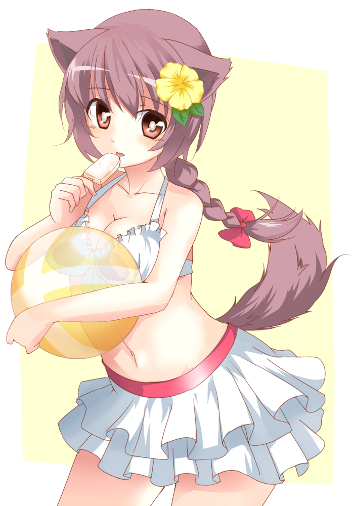 animal_ears, ball, beachball, bikini, braid, breasts, brown_eyes, brown_hair