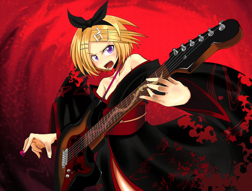 blonde_hair, guitar, guitar_pick, hair_bow, hair_ornament, hair_ribbon, hairclip, highres
