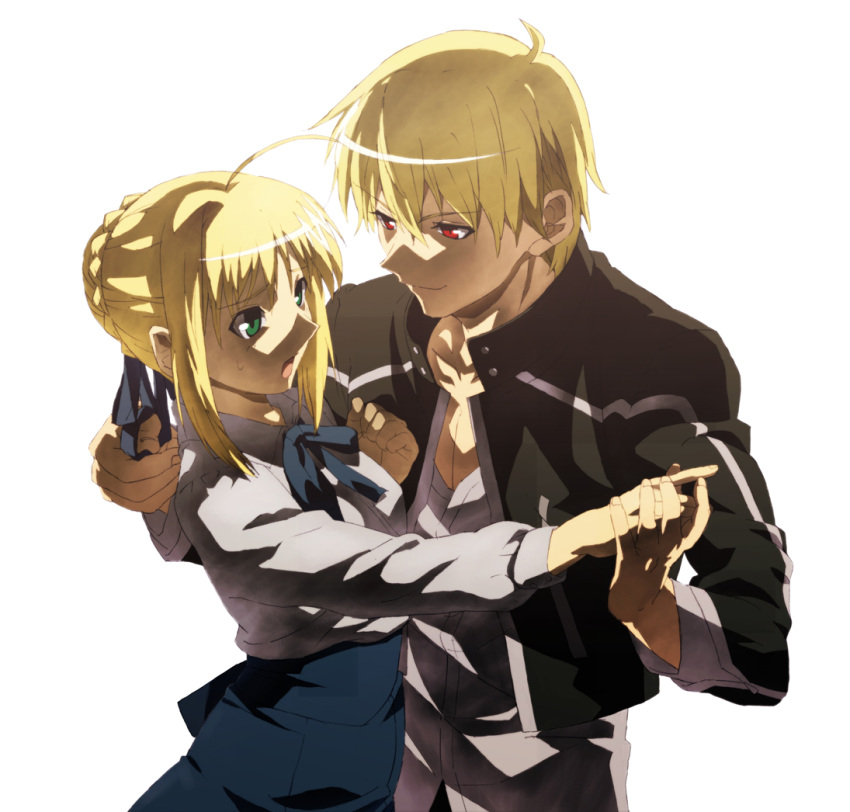 1girl, ahoge, blonde_hair, casual, couple, doraiga-rei, fate/stay_night, fate_(series), gilgamesh, green_eyes, hair_ribbon, open_mouth, red_eyes, ribbon, saber, short_hair, simple_background, smile, white_background