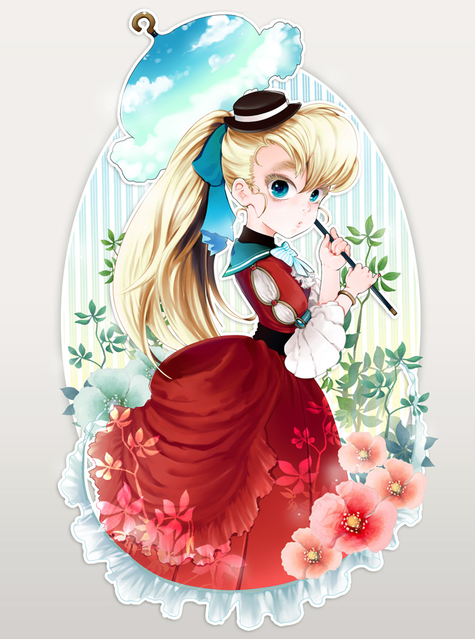 blonde_hair, blue_eyes, bracelet, bustle, colored_eyelashes, dress, eyebrows, flower