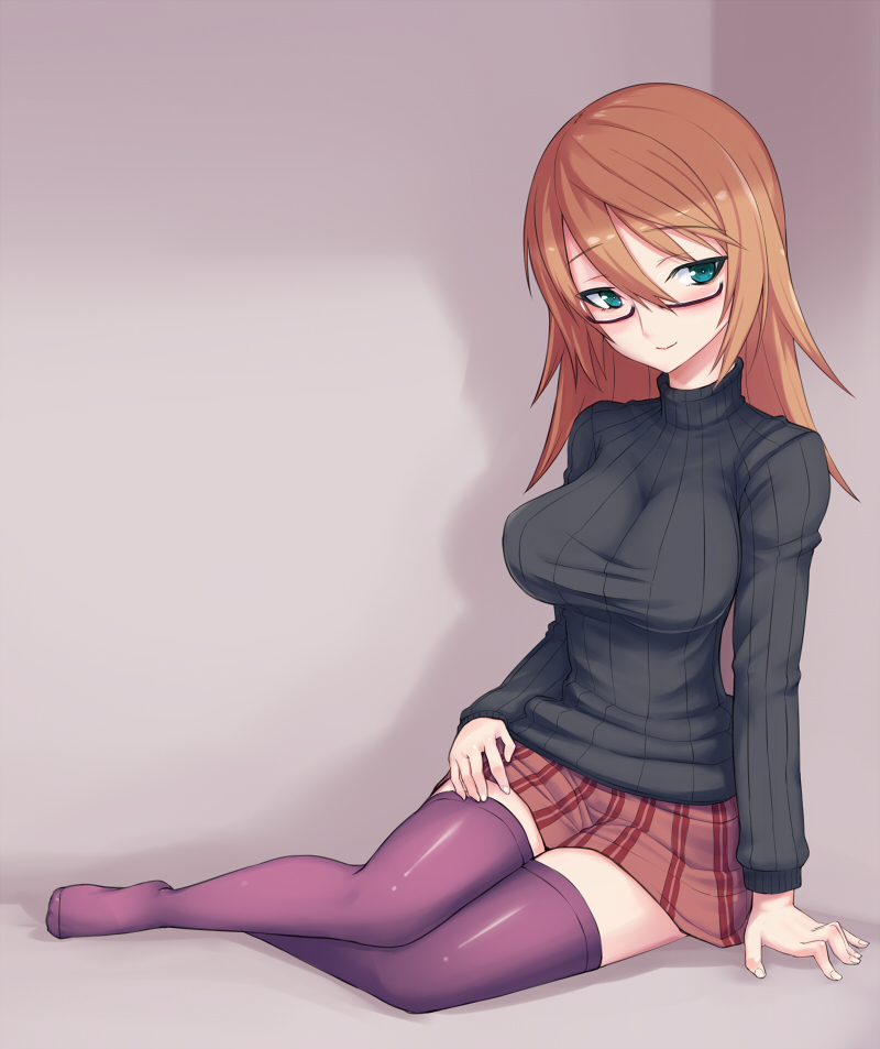 breasts, brown_hair, copyright_request, coupe50, glasses, green_eyes, large_breasts, long_hair