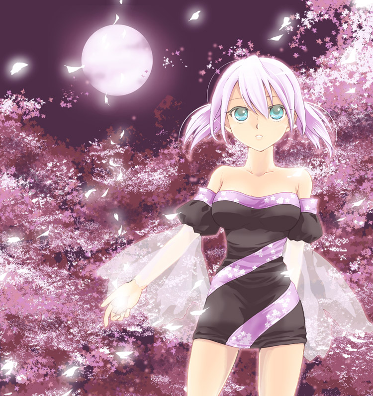 blue_eyes, detached_sleeves, moon, original, pink_hair, shino_pappaka, short_hair, solo