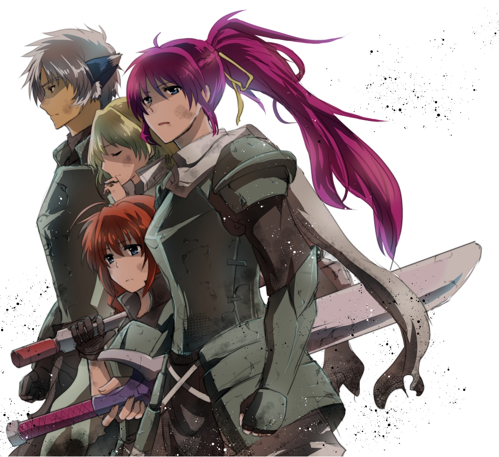 3girls, animal_ears, armor, blonde_hair, closed_eyes, dark_skin, dog_ears, eyes_closed