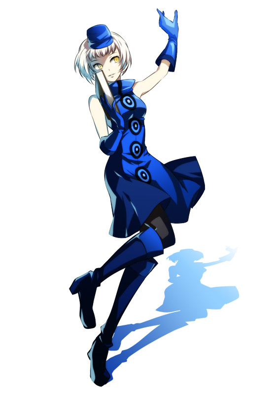 blue_dress, book, boots, cota, dress, elizabeth_(persona), gloves, hat, pantyhose, persona, persona_3, short_hair, solo, thigh-highs, thigh_boots, thighhighs, white_hair, yellow_eyes