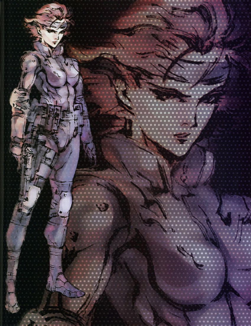 1girl, breasts, elbow_pads, headband, highres, knee_pads, meryl_silverburgh, metal_gear