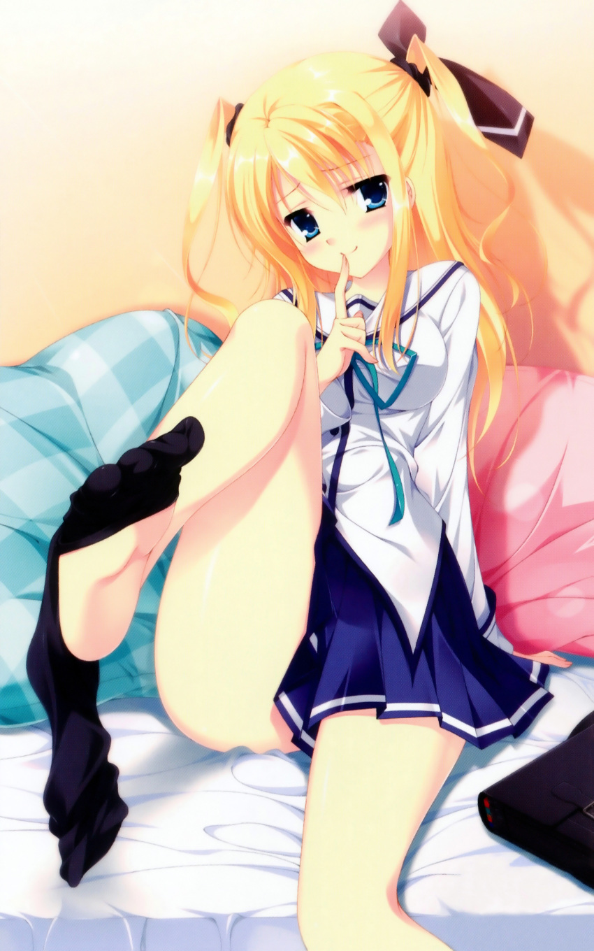 absurdres, artist_request, barefoot, bed, black_legwear, blonde_hair, blue_eyes, da_capo_iii