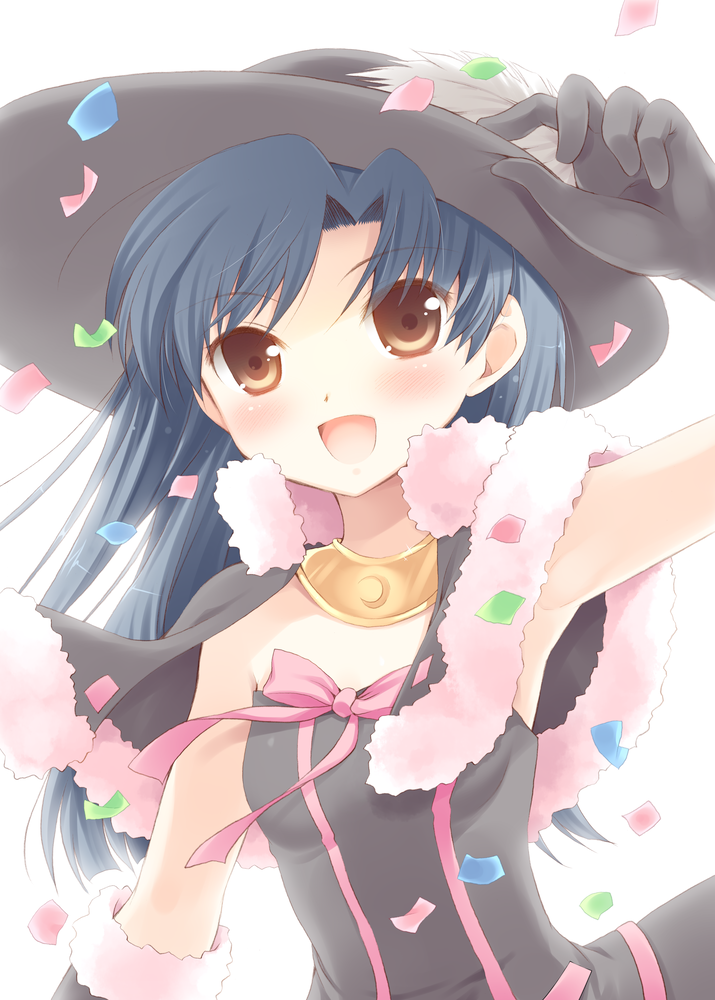 adjusting_hat, bad_id, blue_hair, brown_eyes, capelet, choker, confetti, crescent