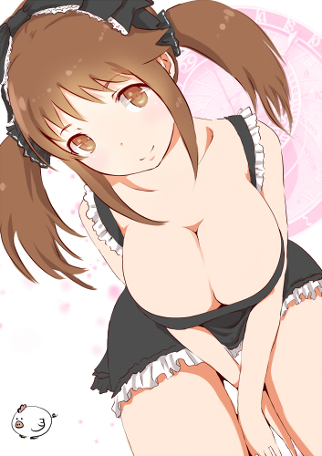 brown_eyes, brown_hair, cleavage, down_blouse, dress, headdress, idolmaster, idolmaster_cinderella_girls