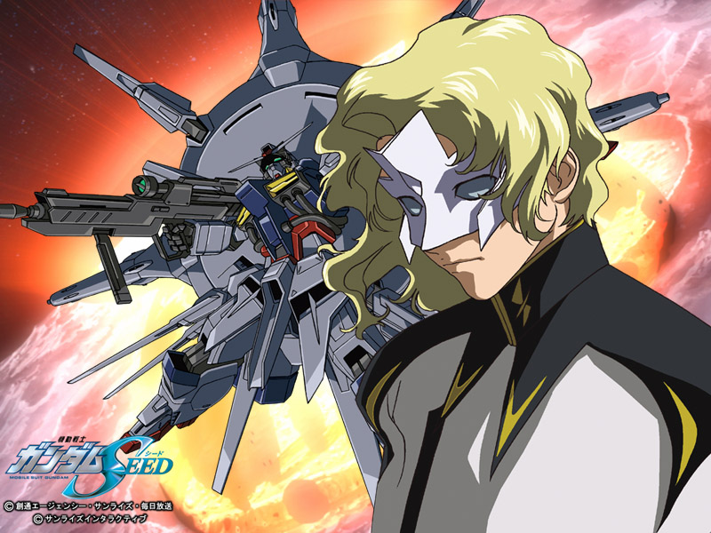 blonde_hair, explosion, gundam_seed, mask, mecha, moon, providence_gundam, rau_le_creuset