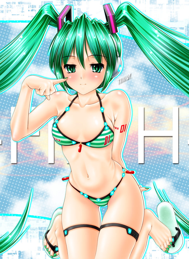 bikini, green_eyes, green_hair, hatsune_miku, long_hair, sandals, swimsuit, twintails, vocaloid, yuuse_kouichi