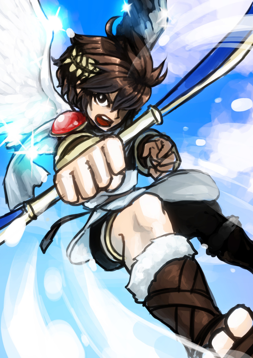 1boy, absurdres, angel_wings, armor, bow_(weapon), brown_hair, food_fighter_441, hair_over_one_eye