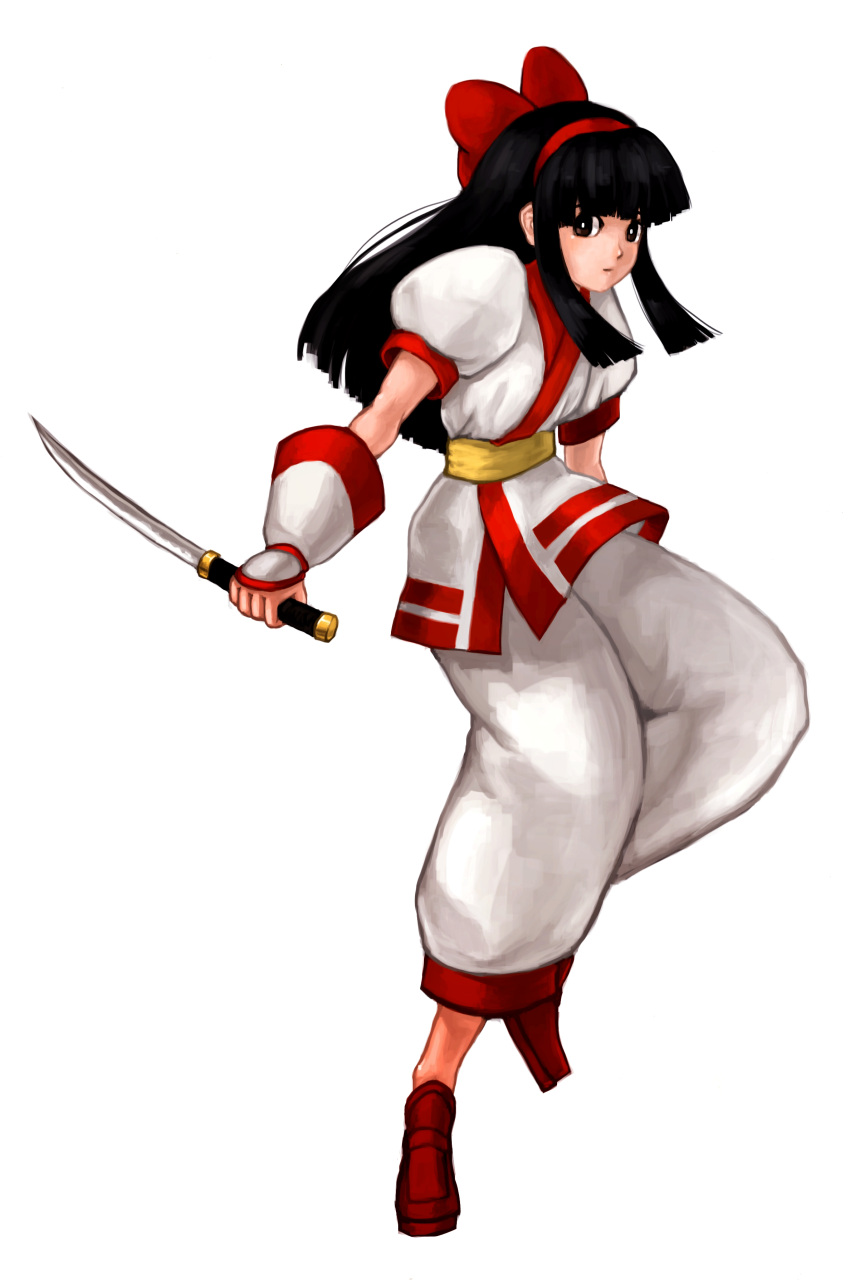 absurdres, ainu_clothes, black_hair, bow, brown_eyes, fingerless_gloves, food_fighter_441, gloves