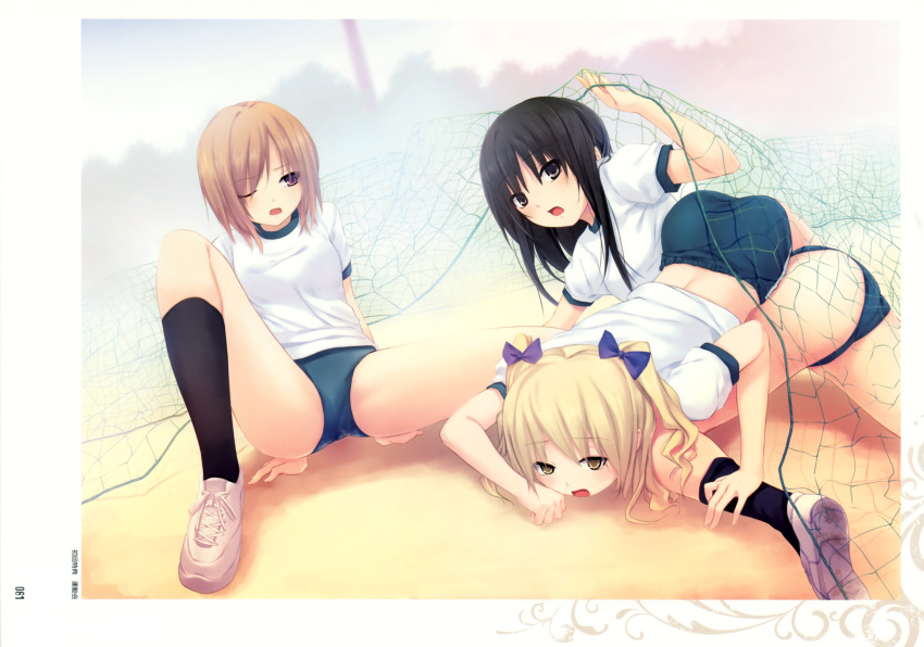 black_eyes, black_hair, black_legwear, blonde_hair, bow, brown_eyes, buruma, coffee-kizoku, cure_girl, d;, entangled, gym_uniform, hair_bow, highres, hoshimiya_miyu, kneehighs, kunimura_kotone, multiple_girls, nanjou_rena, net, obstacle_race, open_mouth, purple_eyes, shoes, sneakers, sports_festival, two_side_up, violet_eyes, wink, yellow_eyes