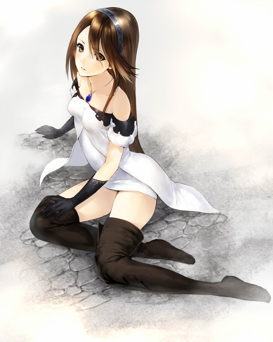 agnes_oblige, bare_shoulders, blush, boots, bravely_default:_flying_fairy, bravely_default_flying_fairy, brown_eyes, brown_hair