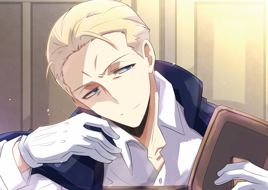 blonde_hair, blue_eyes, fate/zero, fate_(series), gloves, kayneth_archibald_el-melloi, nogi_(acclima), solo