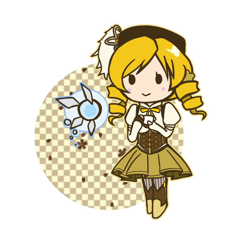 :>, beret, blonde_hair, blush_stickers, boots, chibi, corset, crossover, cup, detached_sleeves, drill_hair, fairy, fairy_wings, hat, lin-maru, magical_girl, mahou_shoujo_madoka_magica, mizuhashi_kaori, navi, no_nose, ocarina_of_time, rinmaru_(linmaru), seiyuu_connection, skirt, smile, solid_circle_eyes, teacup, the_legend_of_zelda, tomoe_mami, twin_drills, vertical-striped_legwear, vertical_stripes, wings