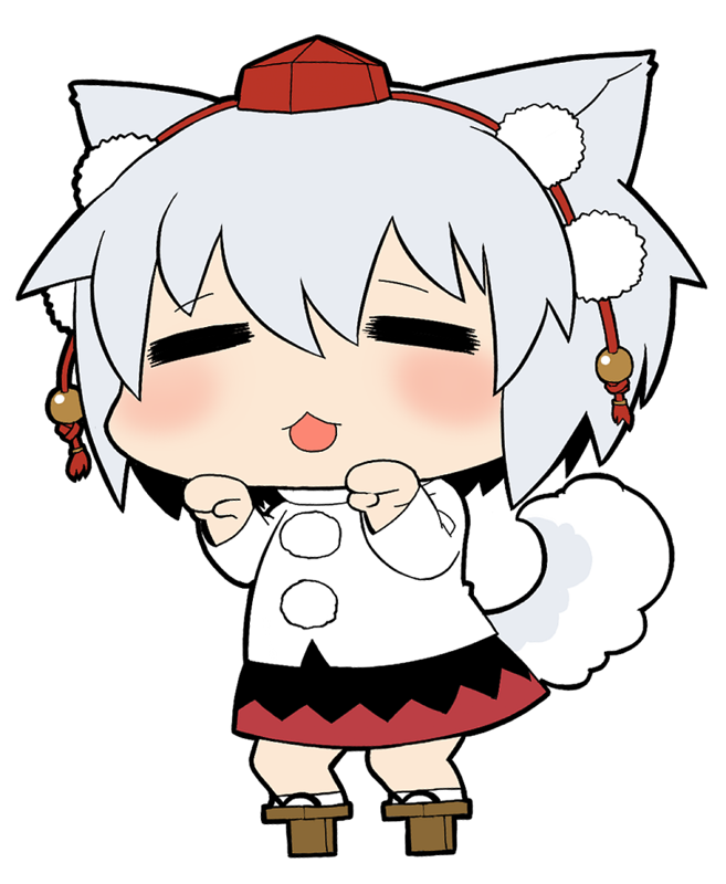 :3, :d, =_=, animal_ears, animal_pose, blush, chibi, closed_eyes, dog_ears, dog_tail, geta, hat, inubashiri_momiji, long_sleeves, no_nose, open_mouth, pom_pom_(clothes), pose, silver_hair, simple_background, skirt, smile, socks, solo, standing, tail, tokin_hat, touhou, ume_(noraneko), white_background