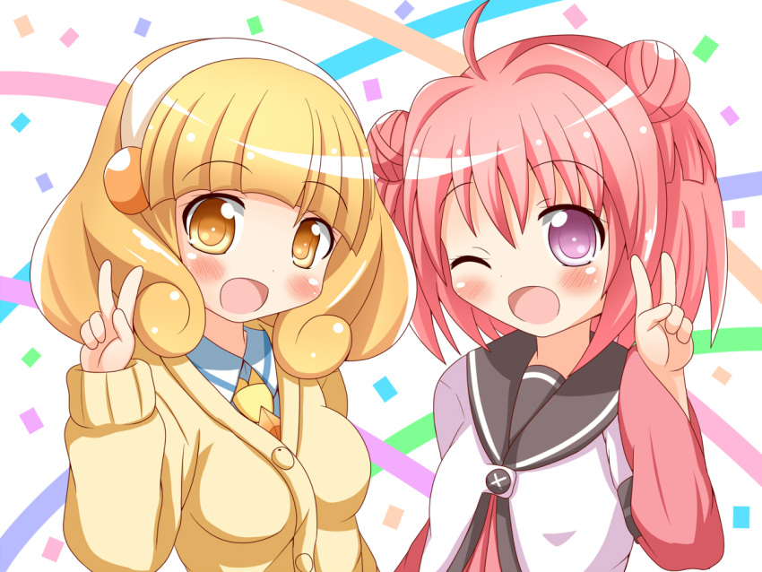 2girls, ahoge, akaza_akari, blonde_hair, blush, crossover, double_bun, hair_bun