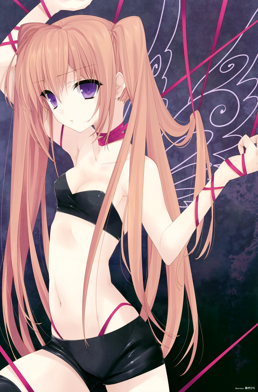 absurdres, bdsm, bike_shorts, black_legwear, bondage, breasts, brown_hair, bustier, cleavage, highres, imageboard_sample, long_hair, navel, original, purple_eyes, ribbon, ribbon_bondage, scan, suzuhira_hiro, thigh-highs, thighhighs, two_side_up, very_long_hair, violet_eyes, wings