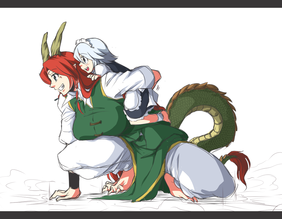 braid, dragon_girl, dragon_horns, dragon_tail, hong_meiling, hong_meiling_(dragon), izayoi_sakuya, maid
