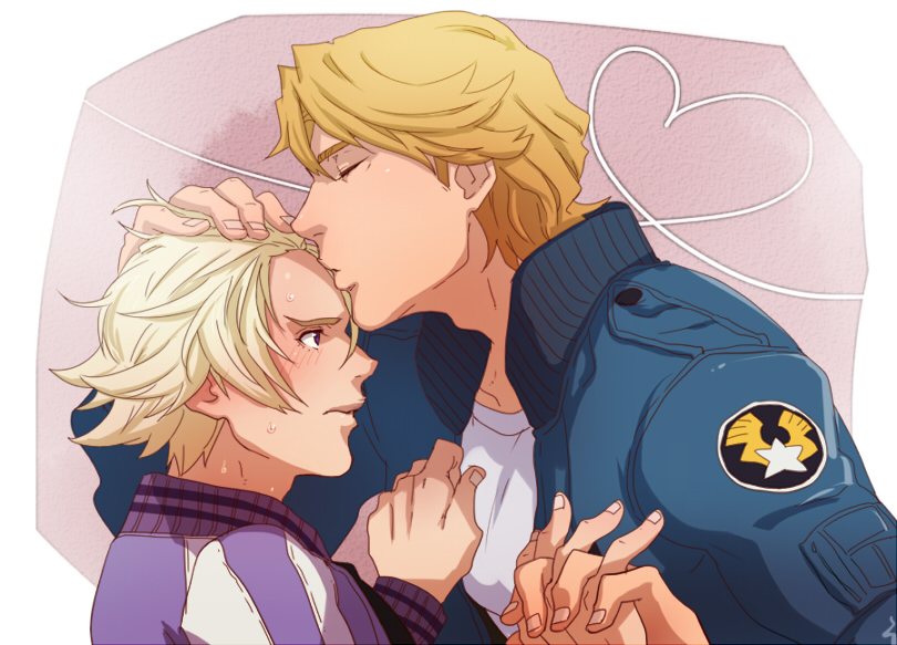 blonde_hair, blush, closed_eyes, eckzahn, eyes_closed, forehead_kiss, heart, heart_of_string