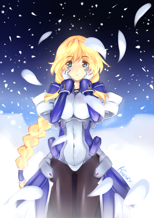 blonde_hair, blush, bodysuit, braid, breasts, gloves, hands_on_own_cheeks, hands_on_own_face, kinary, kyoukai_senjou_no_horizon, large_breasts, long_hair, mary_stuart, pantyhose, petals, scar, single_braid, solo, tears
