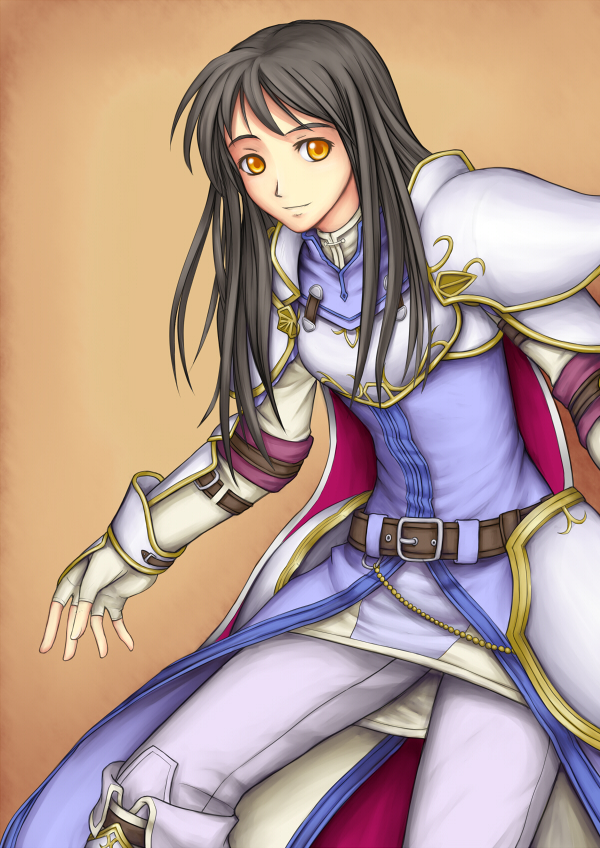 1girl, armor, astrid, belt, black_hair, cape, fire_emblem, fire_emblem:_akatsuki_no_megami, fire_emblem:_souen_no_kiseki, gloves, long_hair, pauldrons, solo, toranohige_(pixiv), yellow_eyes