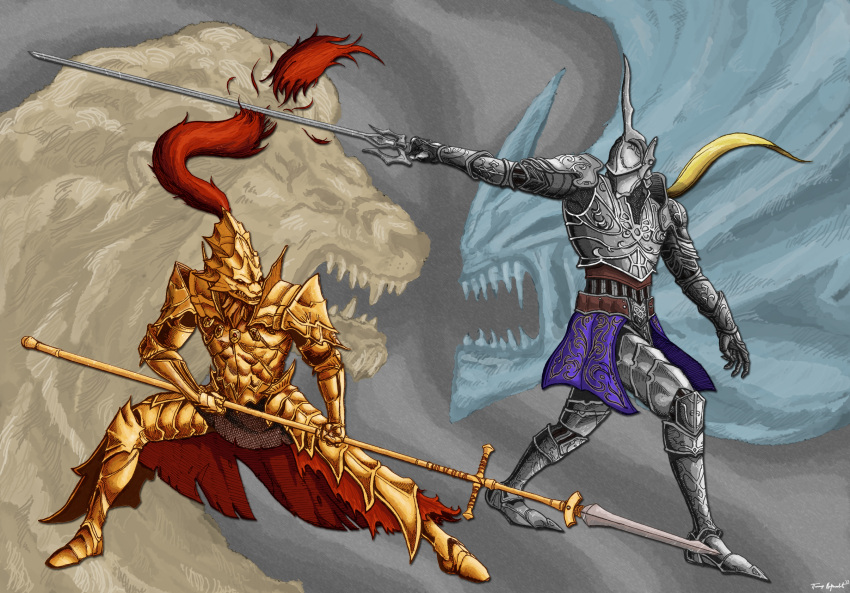 armor, battle, blonde_hair, crossover, cutting, dark_souls, demon, demon's_souls