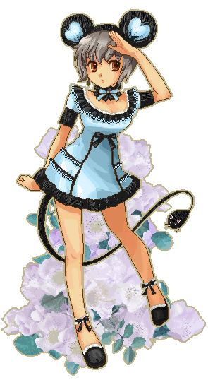 animal_ears, blue_dress, brown_eyes, dress, grey_hair, mouse_ears, neck_ribbon, original