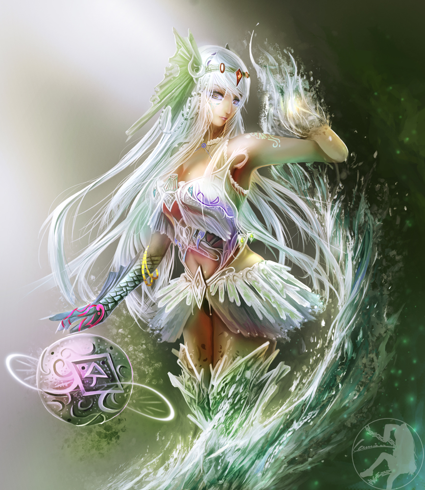 1girl, lamian, long_hair, original, scales, solo, water, white_hair
