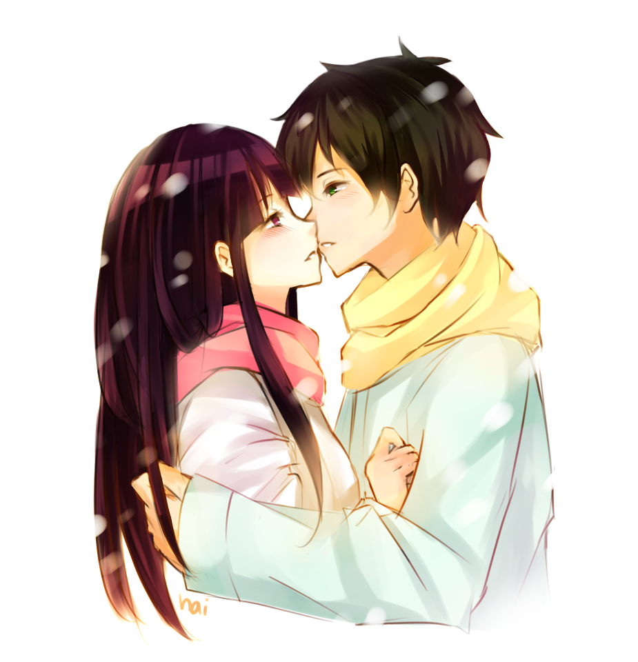 1girl, black_hair, brown_hair, chitanda_eru, green_eyes, haiyun, hyouka, incipient_kiss