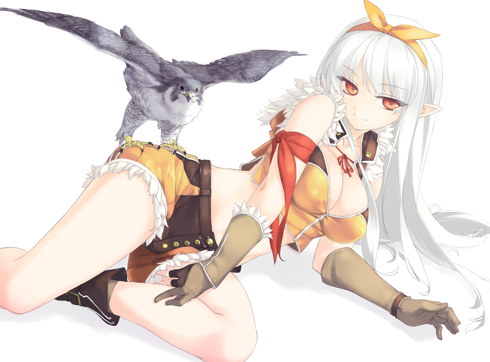 bare_shoulders, bird, boots, breasts, character_request, cleavage, duplicate, falcon, fingerless_gloves, gloves, hair_ribbon, long_hair, looking_at_viewer, lying, midriff, on_side, peregrine_falcon, pointy_ears, ragnarok_online, red_eyes, revision, ribbon, rokuwata_tomoe, shorts, silver_hair, simple_background, smile, sniper_(ragnarok_online), solo, white_background