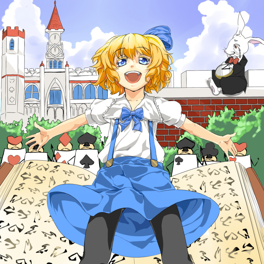 album_cover, alice_in_wonderland, alice_margatroid, alice_margatroid_(pc-98), army, black_legwear, blonde_hair, blue_eyes, blush, book, bow, bunny, card, cover, hair_bow, hair_ribbon, hairband, highres, kamo_(yokaze), lance, open_mouth, outstretched_arms, pantyhose, parody, pocket_watch, polearm, rabbit, ribbon, short_hair, skirt, smile, suspenders, touhou, touhou_(pc-98), watch, weapon, white_rabbit
