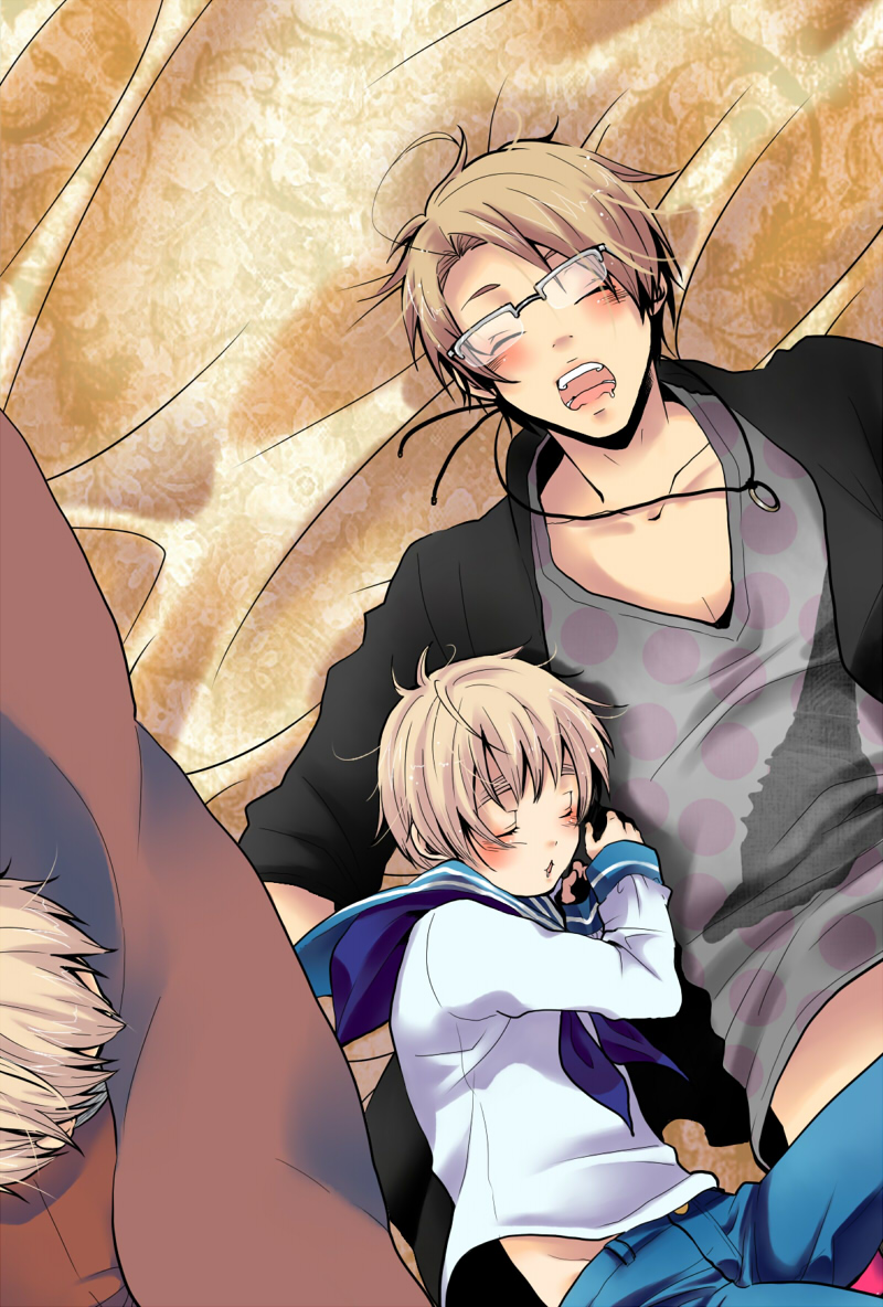 america_(hetalia), axis_powers_hetalia, bed, blonde_hair, closed_eyes, eyes_closed, glasses, male, multiple_boys, samu., sealand_(hetalia), sleeping, united_kingdom_(hetalia)