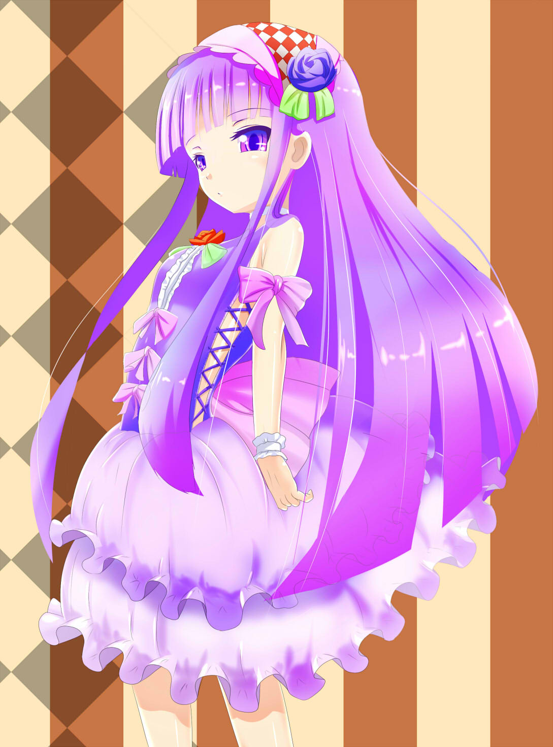 alternate_costume, blue_rose, blush, bra-cky, flower, hair_flower, hair_ornament, hairband, highres, long_hair, patchouli_knowledge, purple_eyes, purple_hair, red_rose, rose, skirt, solo, touhou, violet_eyes