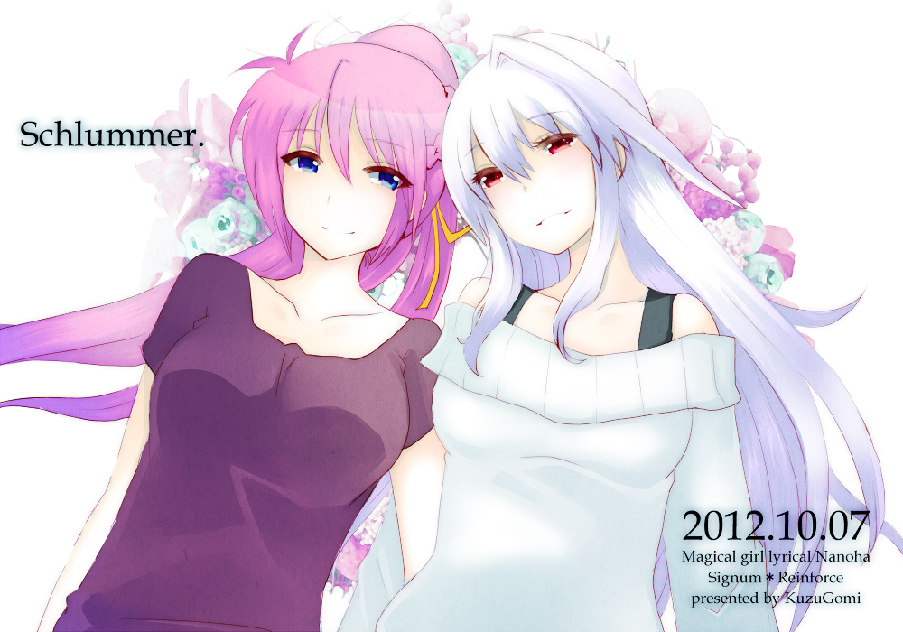 blue_eyes, blush, breasts, character_name, female, flower, german, hair_ribbon
