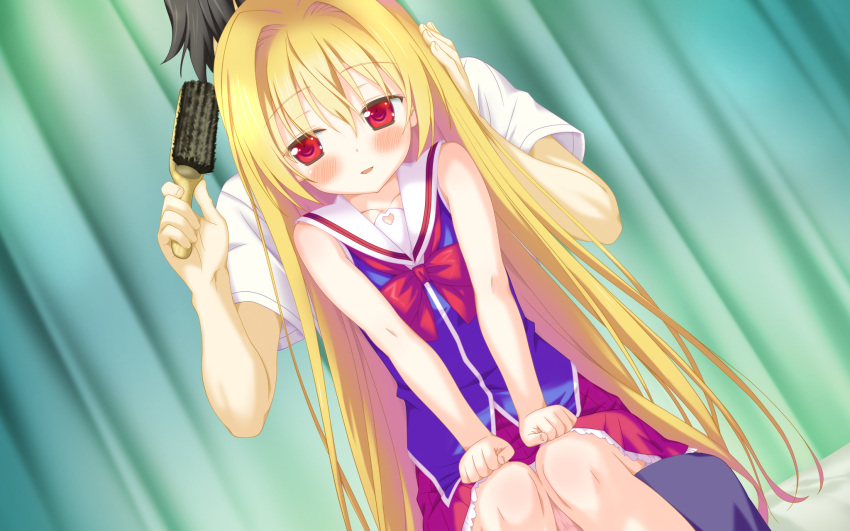 black_hair, blonde_hair, blush, bow, game_cg, irotoridori_no_hikari, irotoridori_no_sekai, kanoue_yuuma