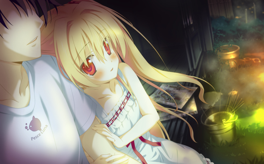 black_hair, blonde_hair, blush, dress, game_cg, irotoridori_no_hikari, irotoridori_no_sekai, kanoue_yuuma, long_hair, night, nikaidou_shinku, red_eyes, ribbons, shida_kazuhiro, shirt, short_hair