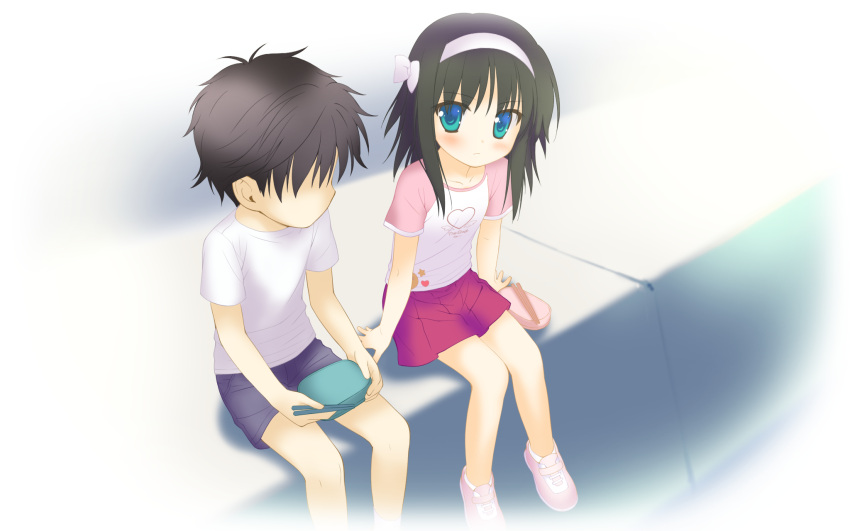 1boy, 1girl, aqua_eyes, black_hair, blush, bow, game_cg, irotoridori_no_hikari