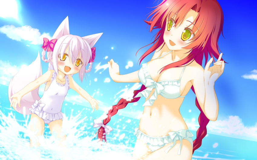 animal_ears, bikini, blush, bow, clouds, foxgirl, game_cg, irotoridori_no_hikari