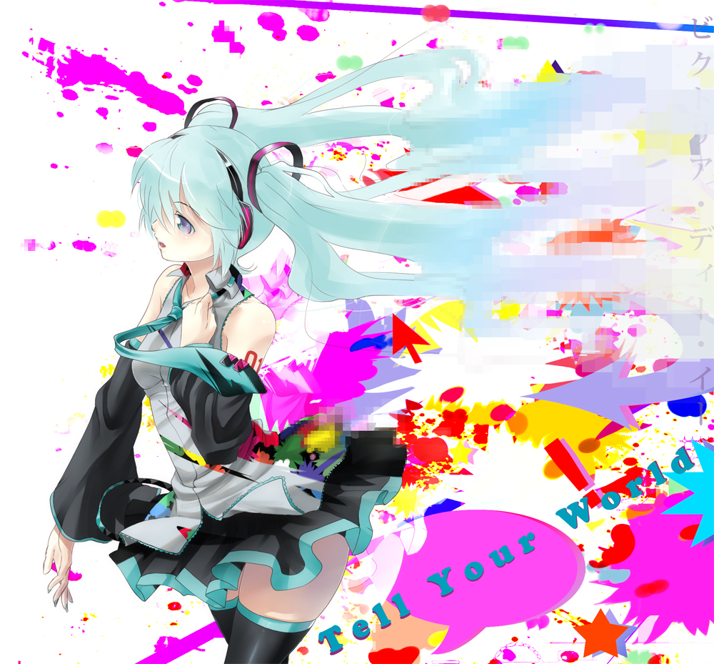 aqua_eyes, aqua_hair, detached_sleeves, floating_hair, hand_on_own_chest, hatsune_miku, headphones, kotorikurama