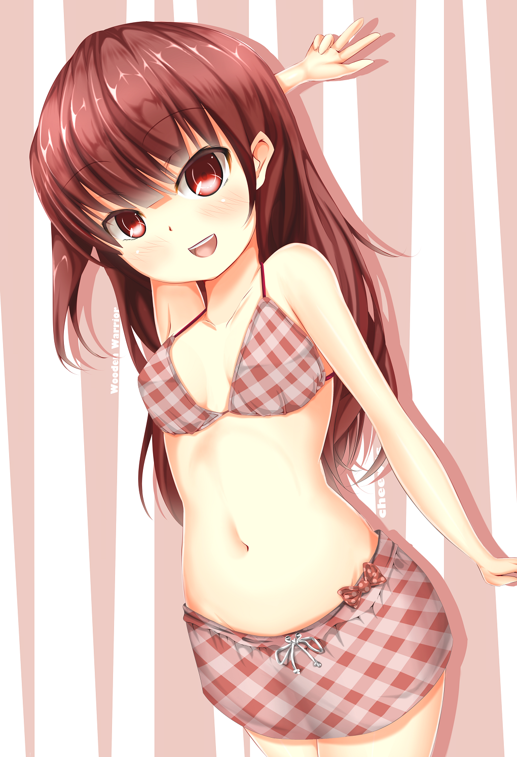 1girl, bikini, bikini_skirt, blush, brown_hair, cheeuyu, chiiutsu_(cheewts), highres