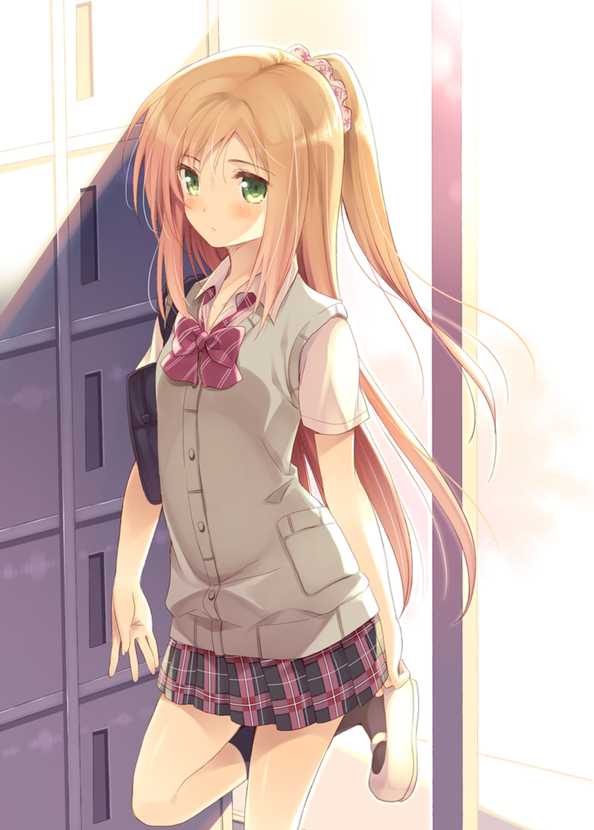 bag, bow, cardigan_vest, green_eyes, highres, komi_zumiko, leg_up, long_hair