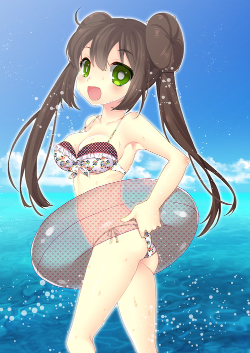 1girl, ass, bikini, brown_hair, creatures_(company), cute, floral_print, game_freak