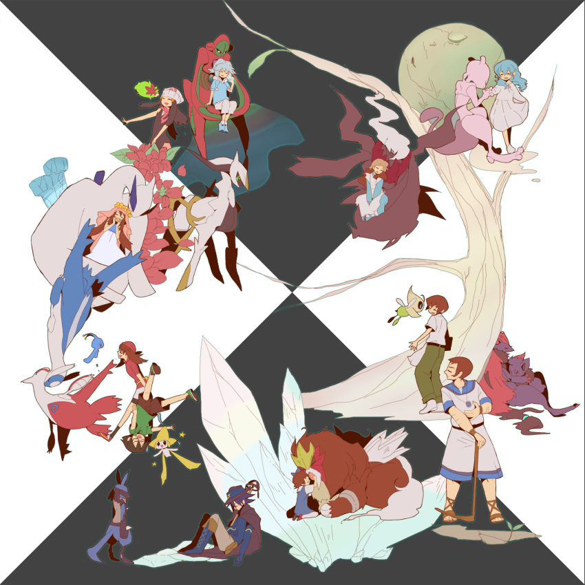 absurdres, ai2, alicia_(pokemon), alternate_form, arceus, arlon_(pokemon), artist_request, bad_id, barefoot, bike_shorts, black_hair, blonde_hair, blue_eyes, brown_eyes, brown_hair, cape, celebi, chocolate, closed_eyes, damos_(pokemon), darkrai, deoxys, dress, entei, everyone, eye_contact, film_strip, fleura_(pokemon), flower, giratina, glasses, green_eyes, green_hair, grey_eyes, hand_holding, haruka_(pokemon), hat, head_wreath, highres, holding, holding_hands, hug, jirachi, kanon_(pokemon), latios, leaf, long_hair, long_image, looking_at_another, lucario, lugia, manaphy, masato_(pokemon), mewtwo, mii_snowdon, minun, ookido_yukinari, pichu, plusle, pokemon, pokemon_(anime), pokemon_(creature), sandals, shaymin, short_hair, silver_eyes, silver_hair, simple_background, sitting, sketchbook, standing, tears, tooi_rondot, veil, wide_image, young, zoroark, zorua